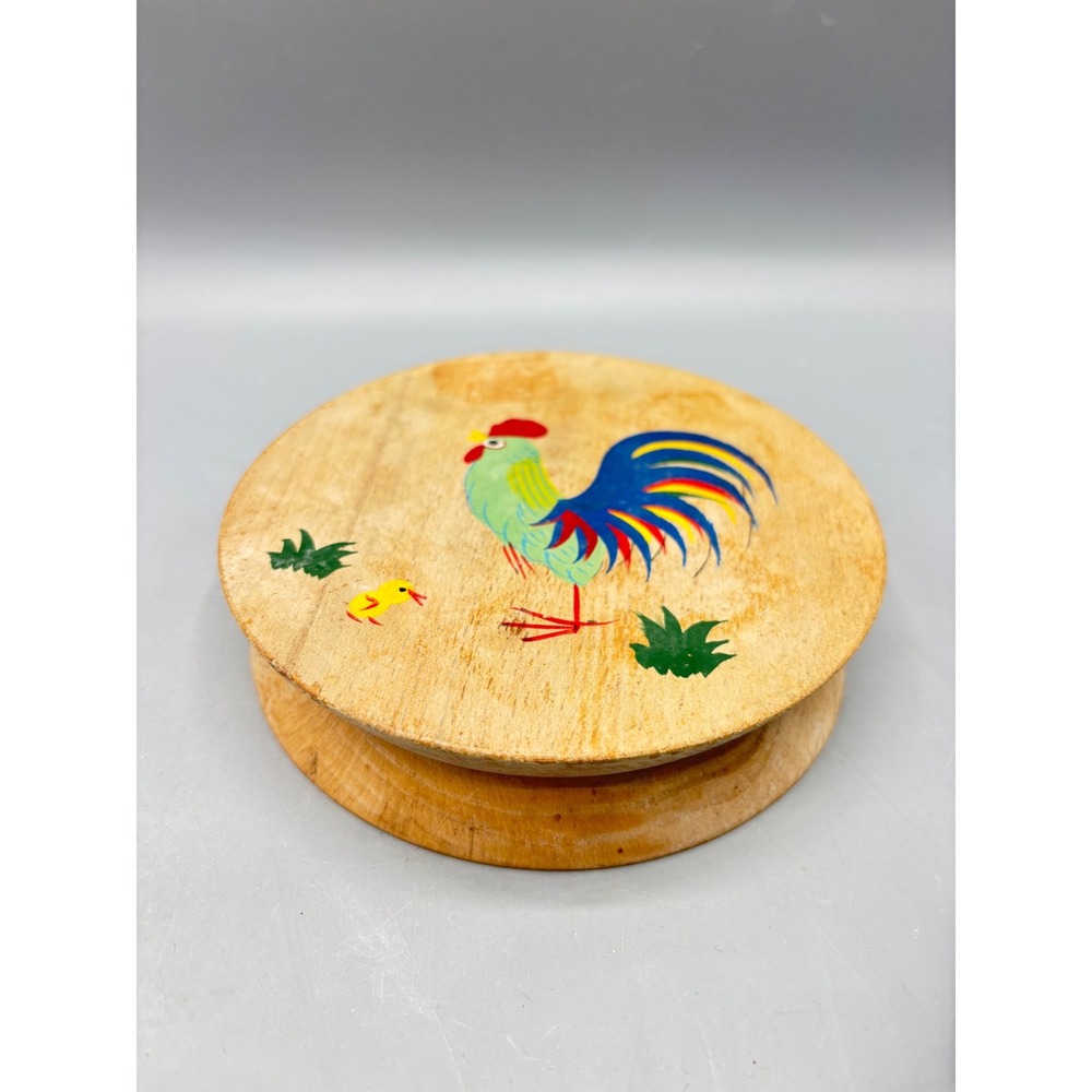 Vtg 50s Wooden Hamburger Press Solari Japan Rooster Trinket Stash Box Decor